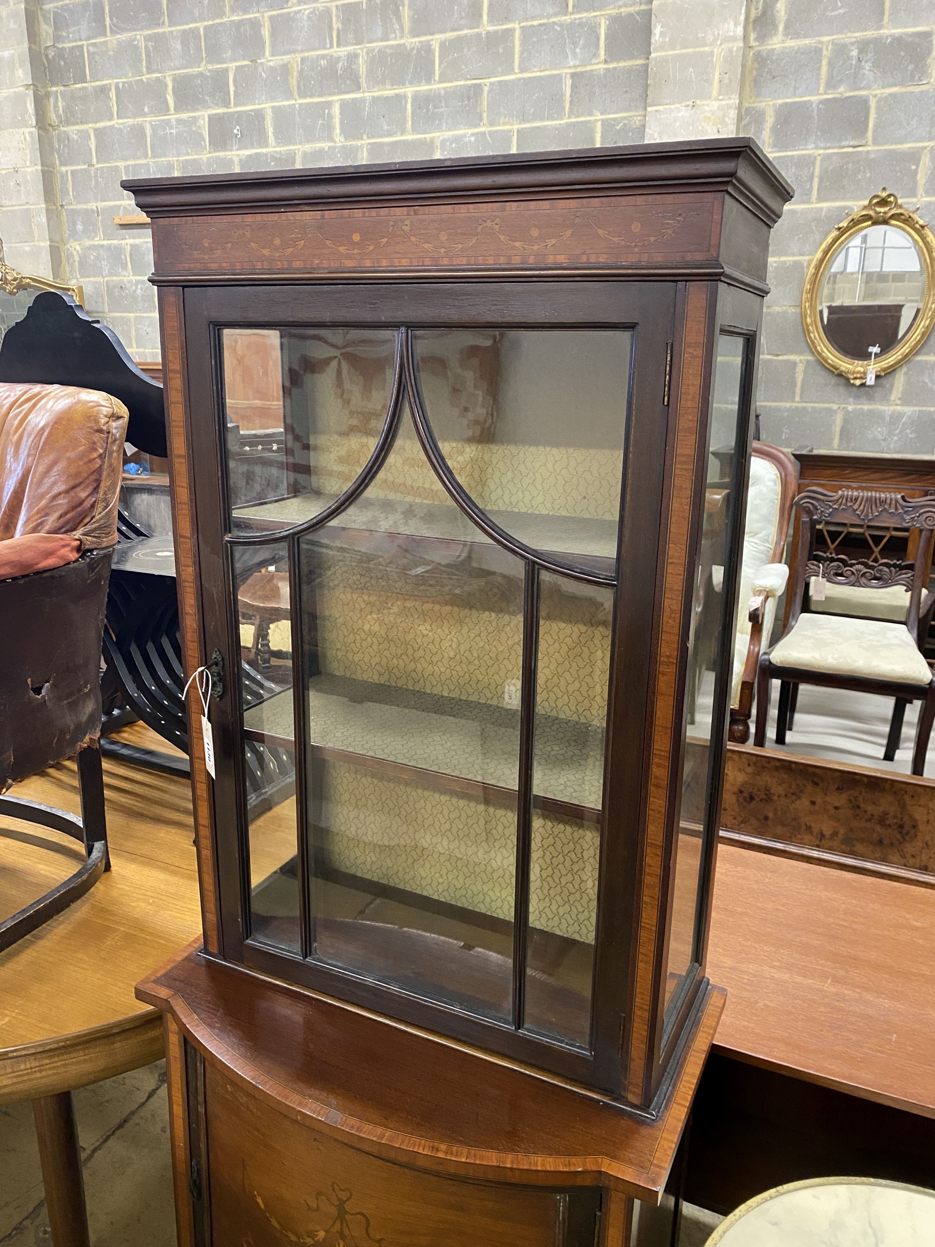 An Edwardian marquetry and satinwood banded mahogany bowfront display cabinet, width 66cm, depth 40cm, height 179cm